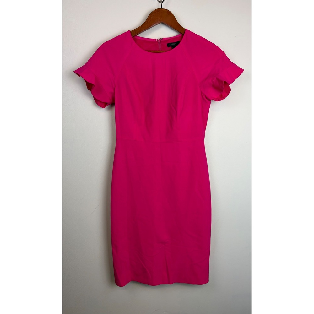 J Crew Ruffle Sleeve Sheath Dress 2 Pink Italian Stretch Wool Career Barbiecore